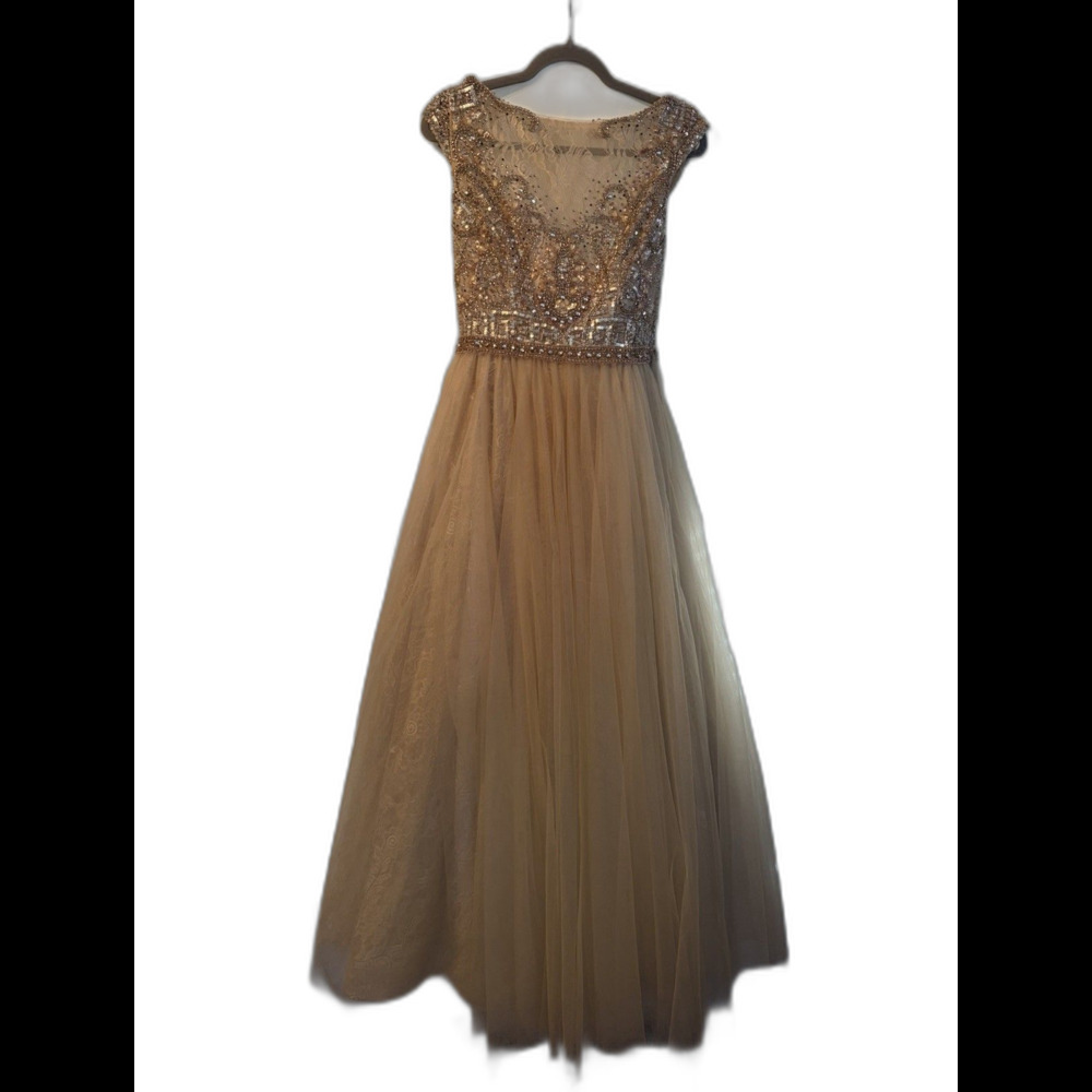 Terani Couture Beige Lace Long Formal Gown Beaded Sequin Boat Neck Cap 10